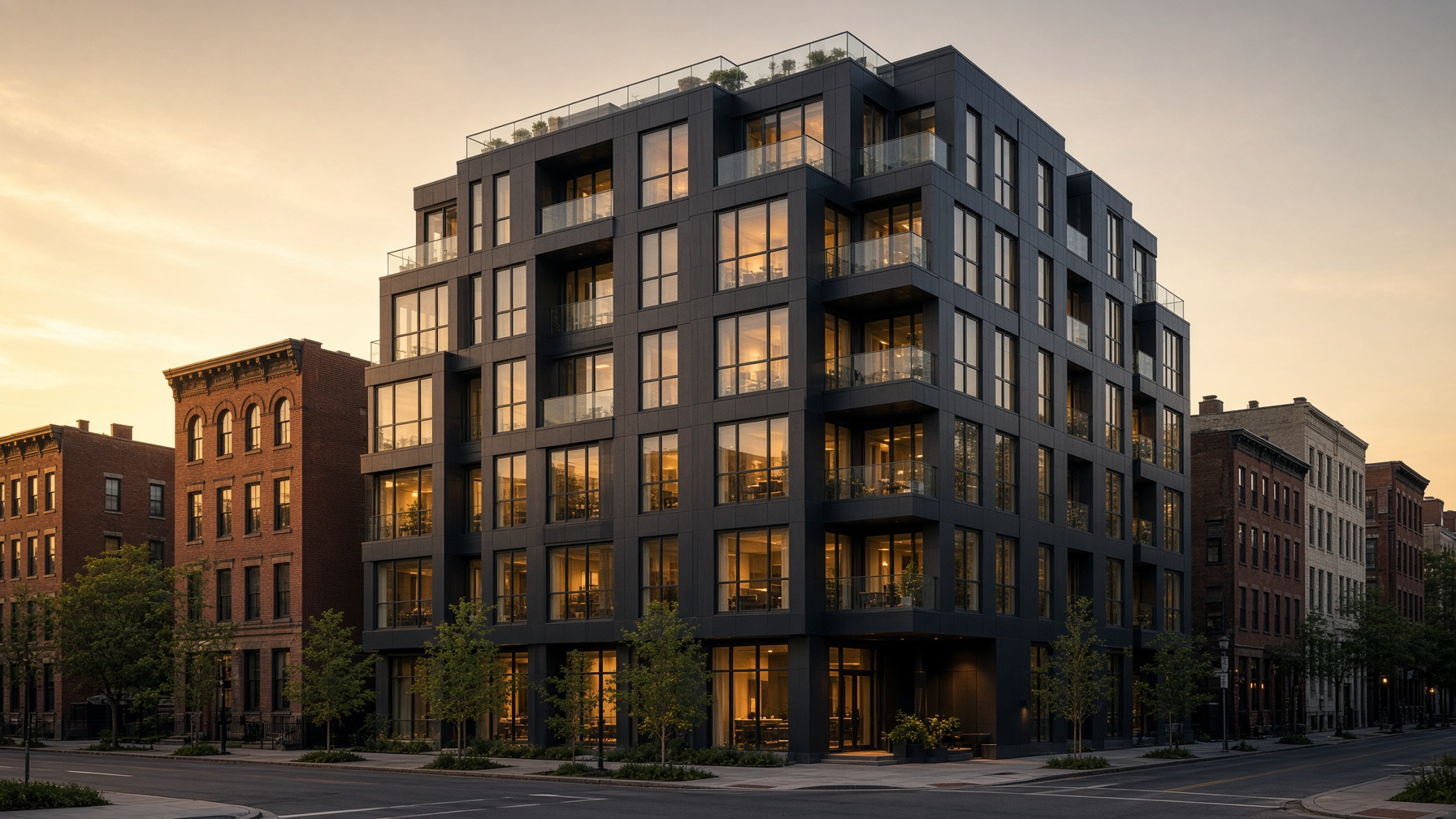Completed modular apartment building at dusk