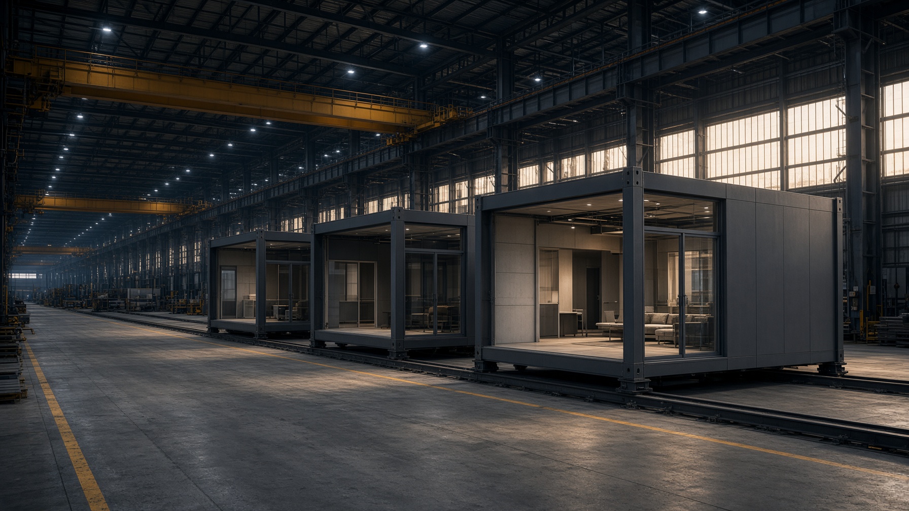 Factory floor producing steel volumetric building modules