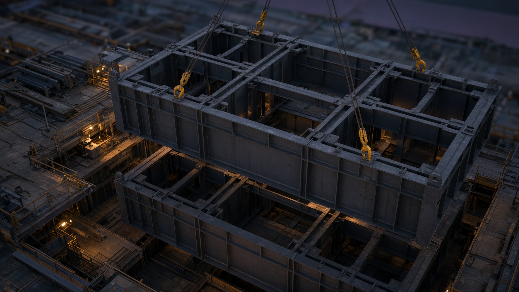 A module landing onto the stack below
