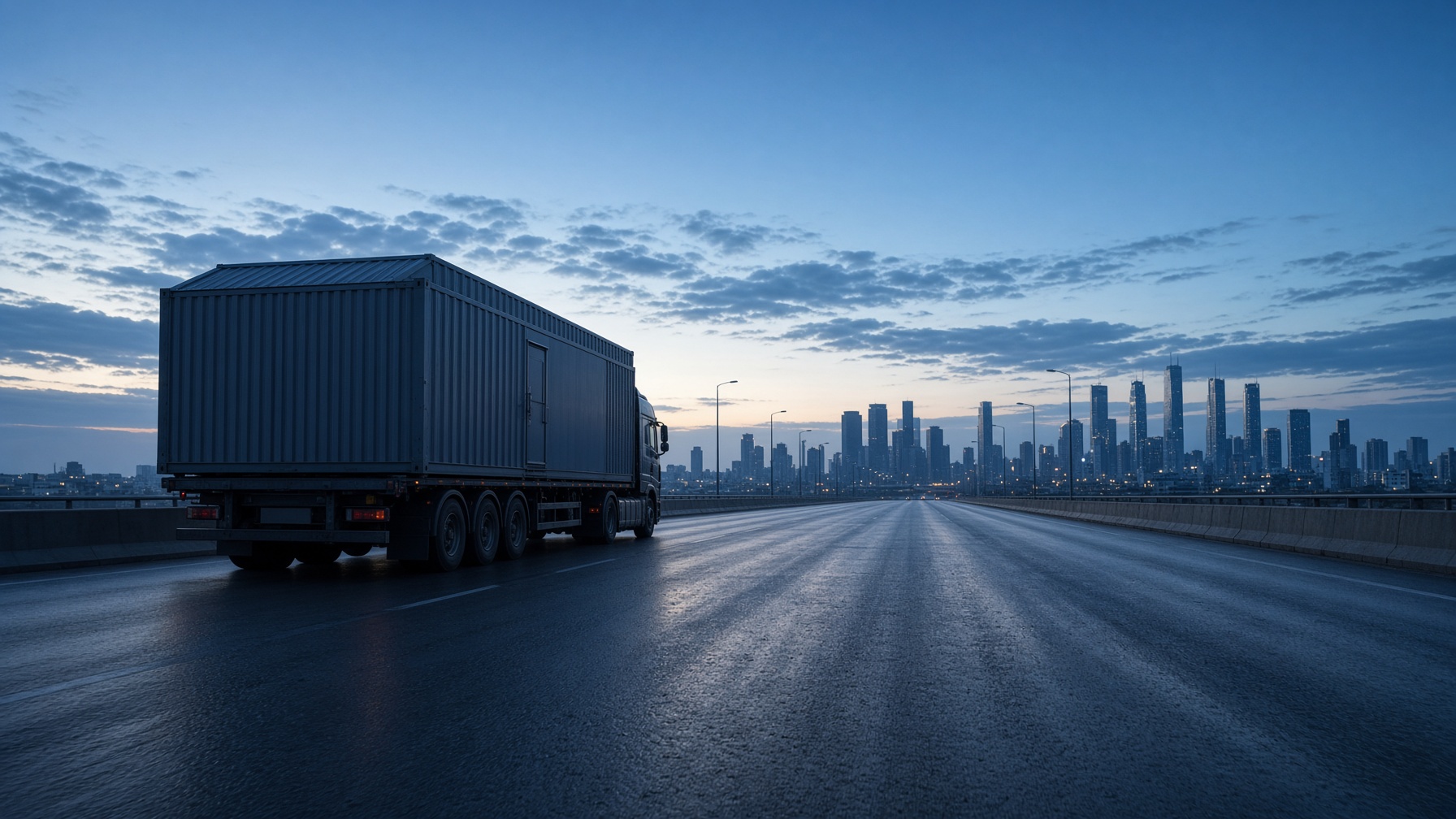 A volumetric module traveling by truck toward a city